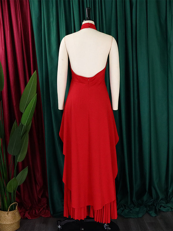 High-Low Loose Backless Lacy Solid Color Halter-Neck Suits