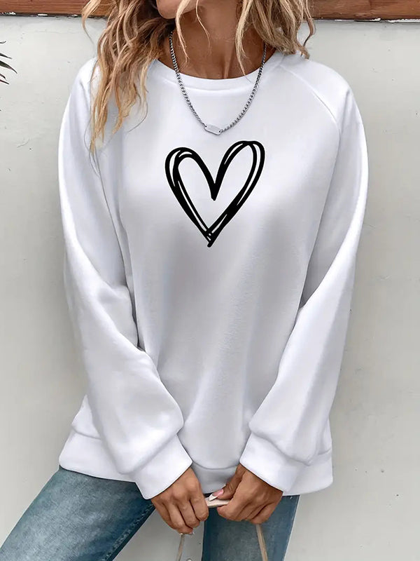 Long Sleeves Loose Heart Print Split-Joint Round-Neck Sweatshirt Tops