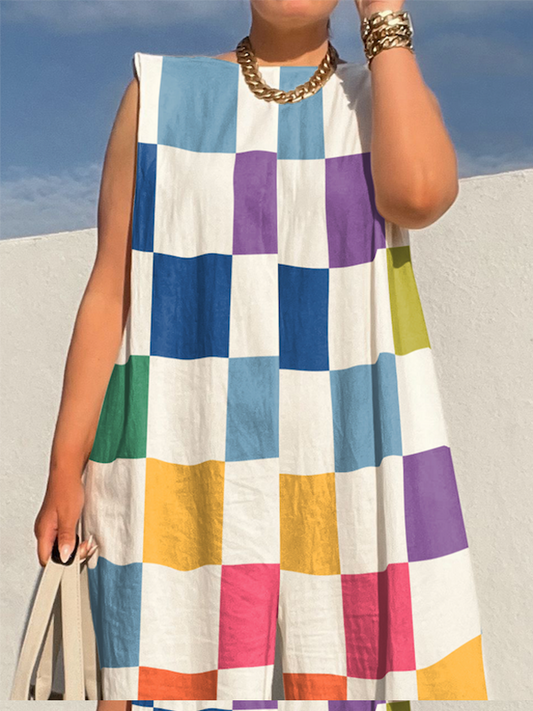 Loose Sleeveless Contrast Color Plaid Shoulder Pad Jumpsuits