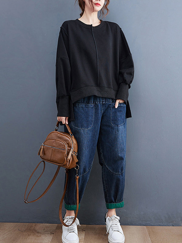 Simple Long Sleeves Loose Solid Color Round-Neck Hoodies&Sweatshirt Tops