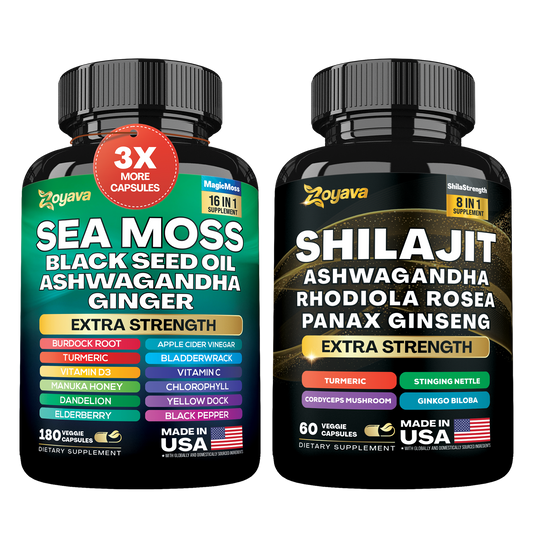 Zoyava™ Vitality Boost Duo: Sea Moss 16-in-1 Magic Moss 180 Caps & Shilajit Power ShilaStrength Blend - Energize Your Life!
