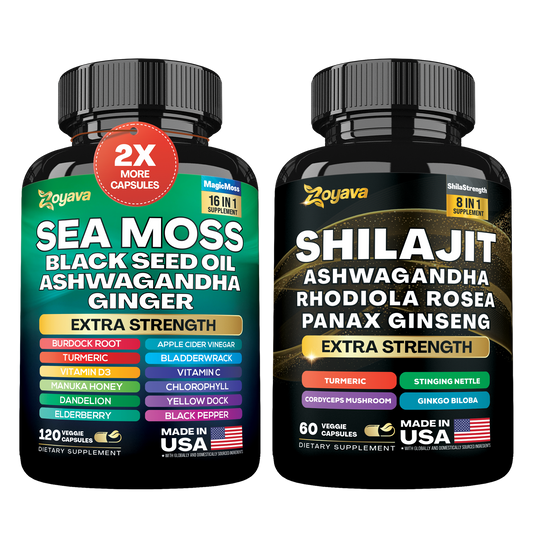 Zoyava™ Vitality Boost Duo: Sea Moss 16-in-1 Magic Moss 120 Caps & Shilajit Power ShilaStrength Blend 60 Caps- Energize Your Life!