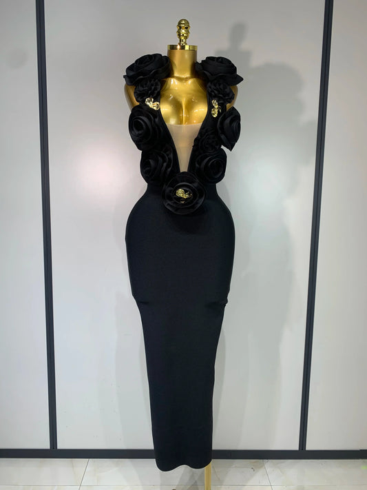 Black Floral Sleeveless Mermaid Dress