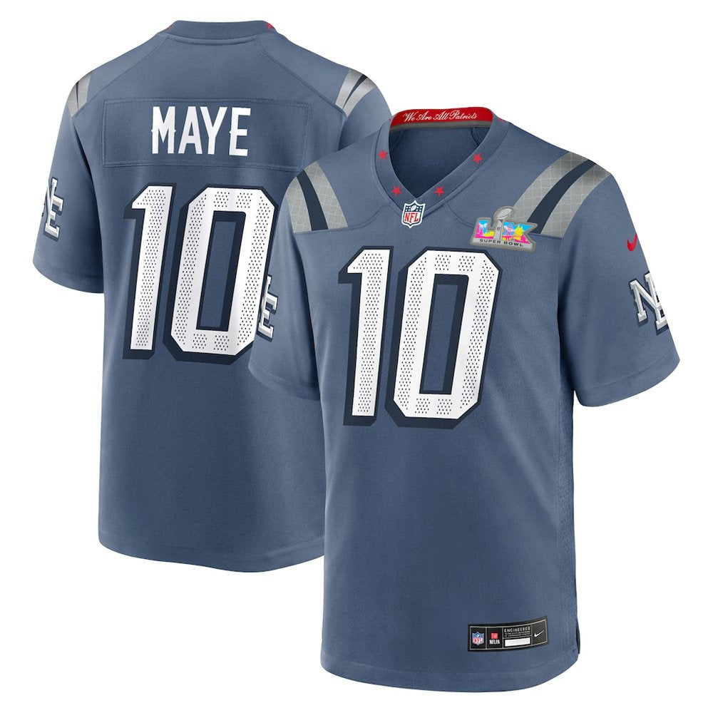 Men's New England Patriots #10 Drake Maye Blue 2026 Super Bowl LX Patch Rivalries Collection Jersey