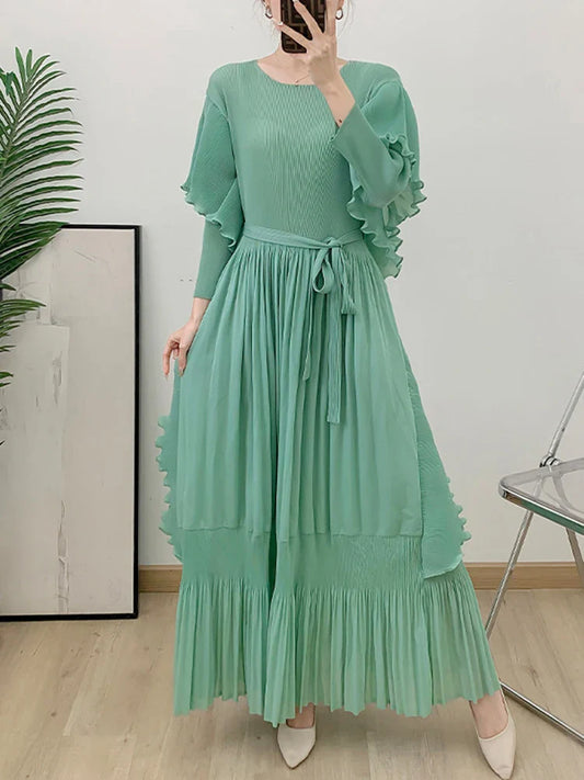 Designer Pleated Midi Dress - Ruffle Detail