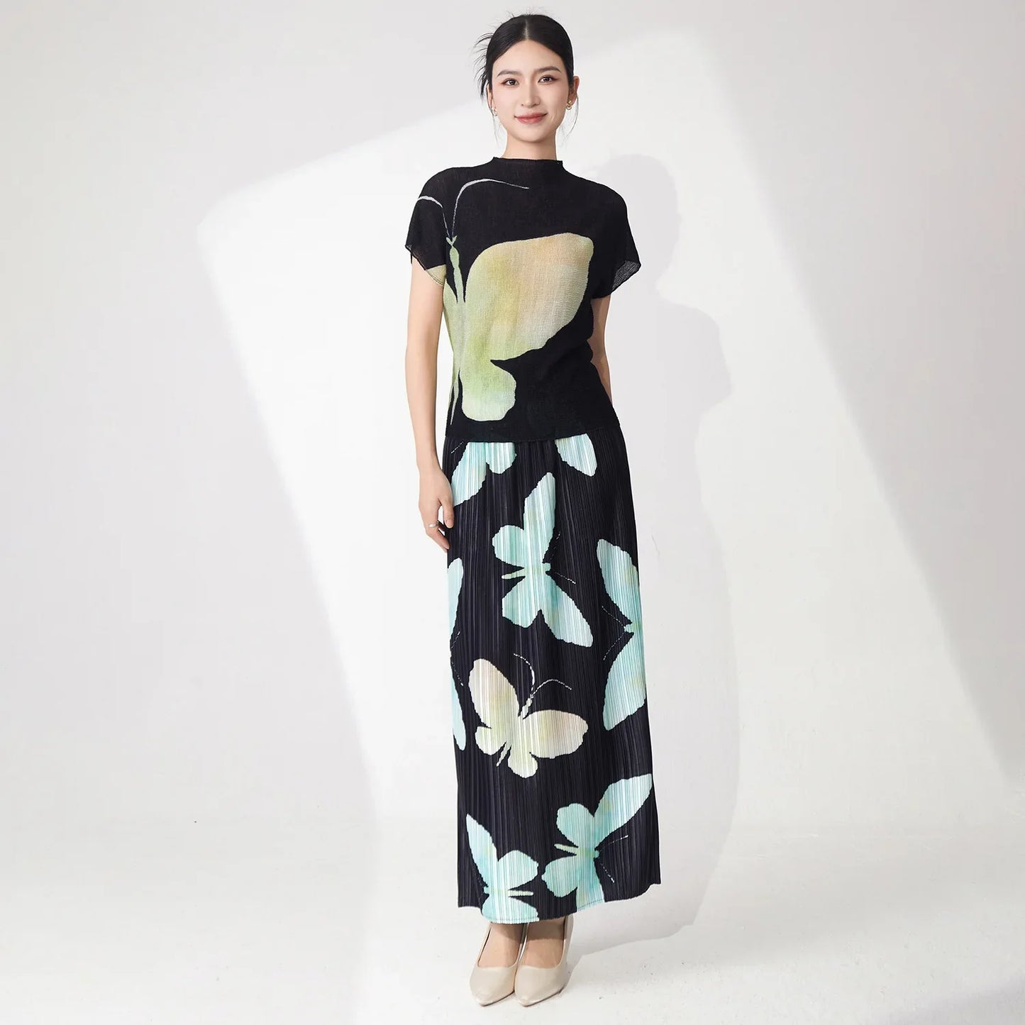 Butterfly Pleated Maxi Skirt & Top Set
