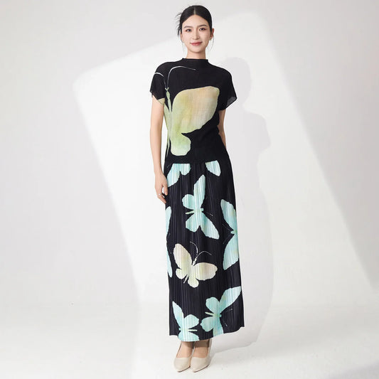 Butterfly Pleated Maxi Skirt & Top Set