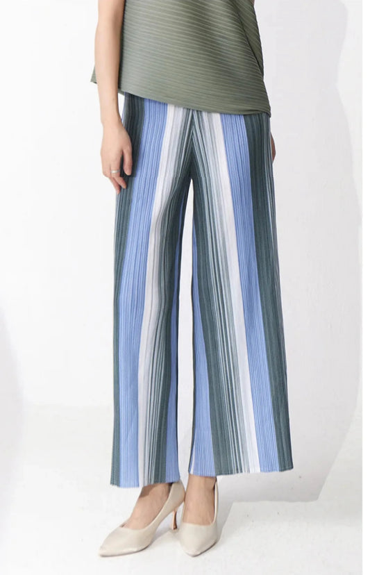 Striped Pleated Wide Leg Pants - Palazzo Style