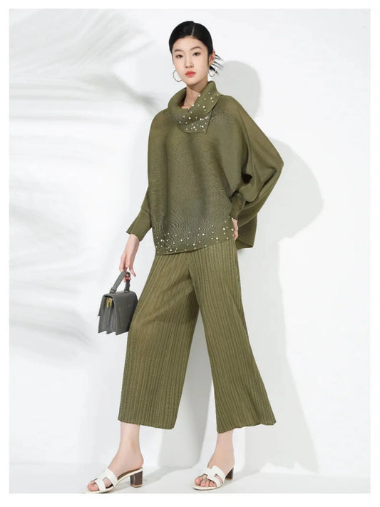 Elegant Beaded Plissé Pleated Sweater & Pant Set