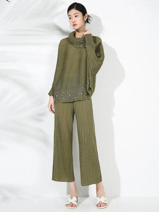Elegant Beaded Plissé Pleated Sweater & Pant Set