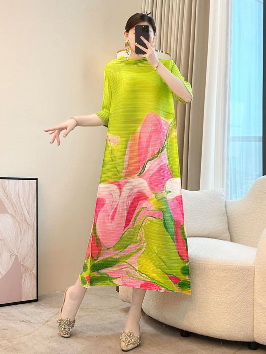 Japanese Floral Pleated Midi Dress