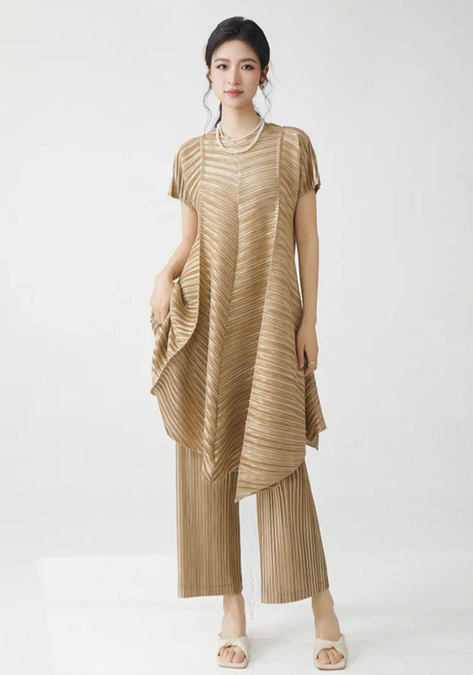 Gold Flowy Pleated Pant & Top Set