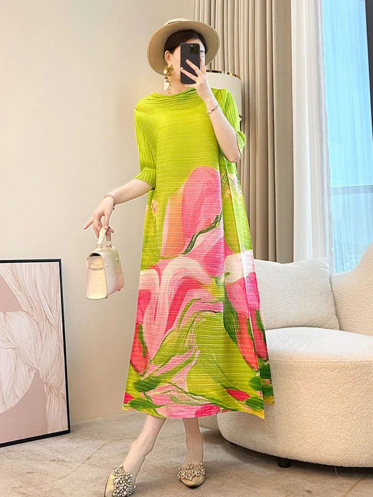 Japanese Floral Pleated Midi Dress