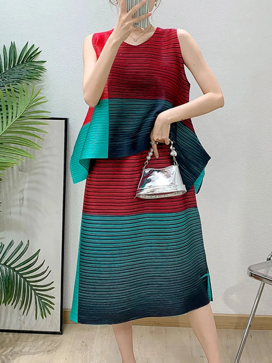 Asymmetric Pleated Sleeveless Top & Skirt