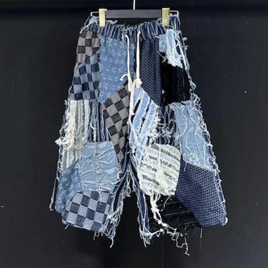 Men's Distressed Denim Patchwork Shorts