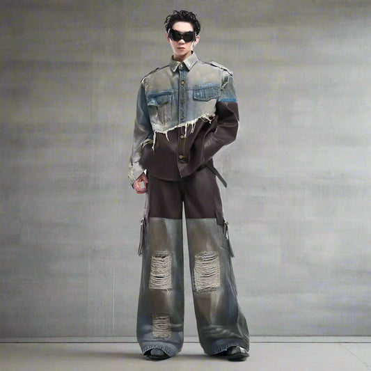 Men's Vegan Leather & Distressed Denim Set