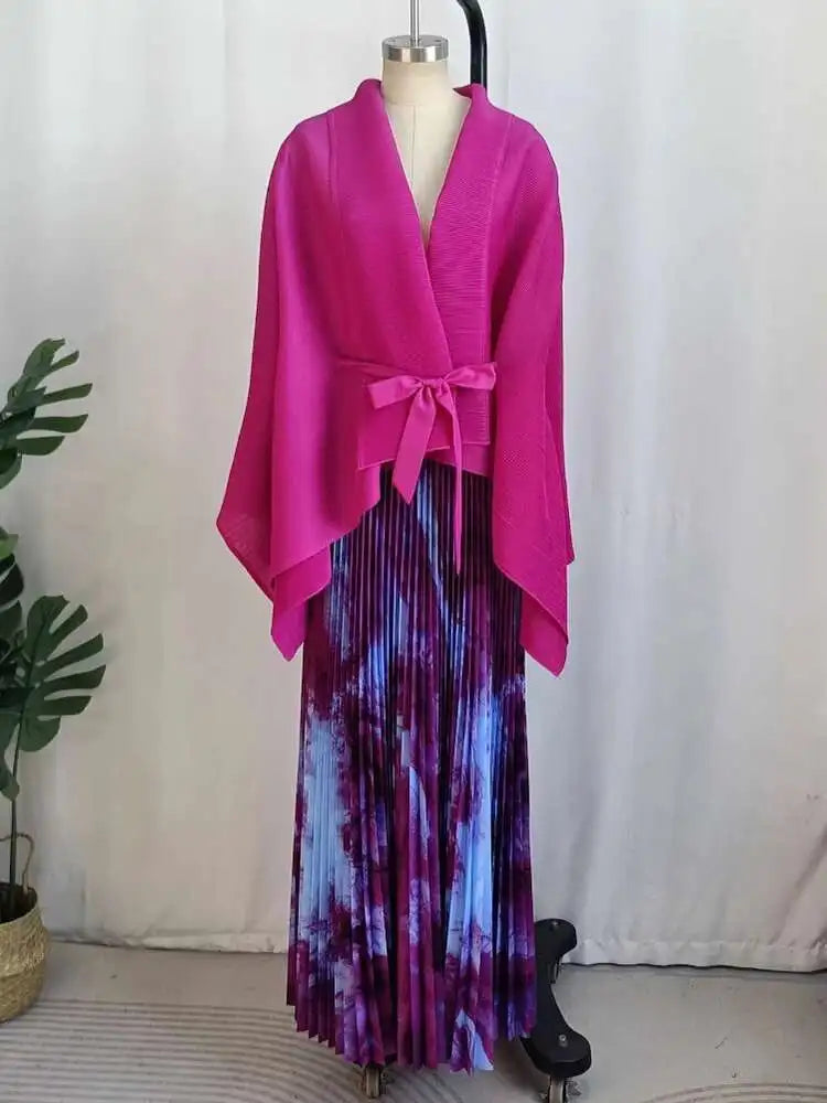 Pleated Tie-Front Duster & Skirt Set
