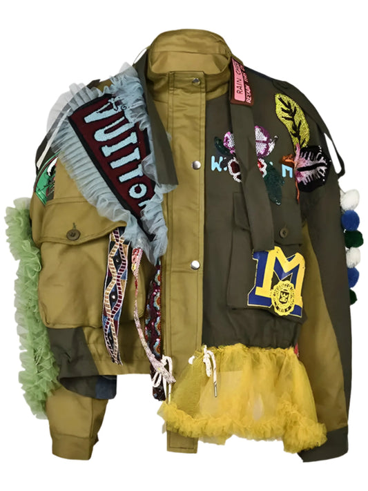 Luxe Patchwork Ruffled Bomber Jacket
