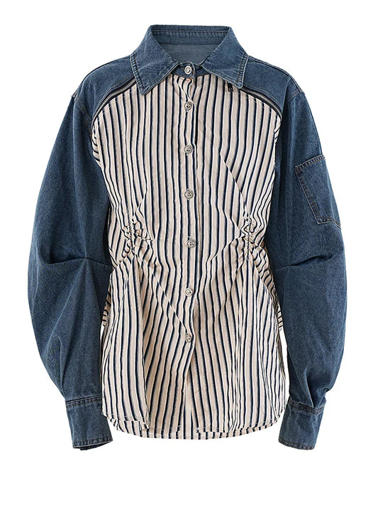 Denim Ruched Stripe Blouse
