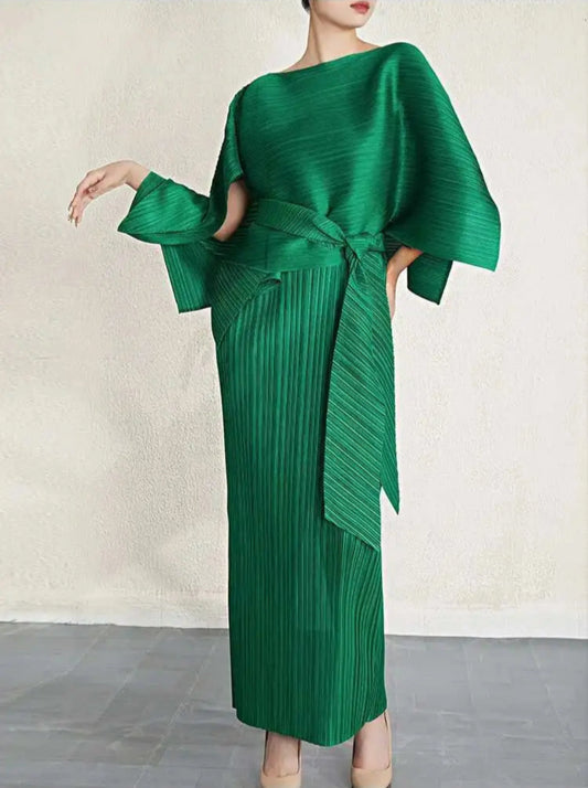 Luxury Pleated Midi Dress Cape Set