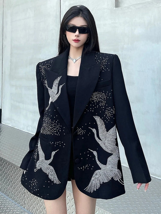 Oversized Blazer with Crane Rhinestones