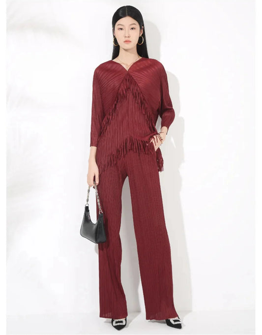 Fringed Pleated Wide-Leg Pant Set