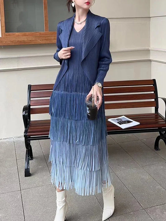 Pleated Fringe Ombre Dress Set