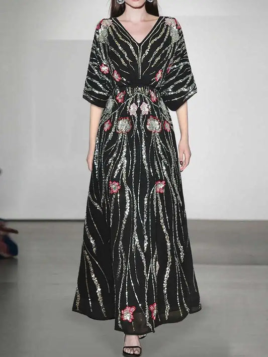 Flowy Sequin-Adorned Evening Dress