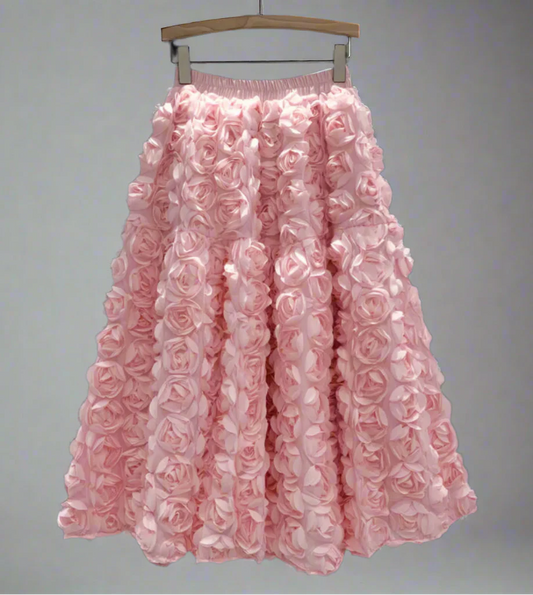 Rose Tulle Romantic Flared Midi Skirt