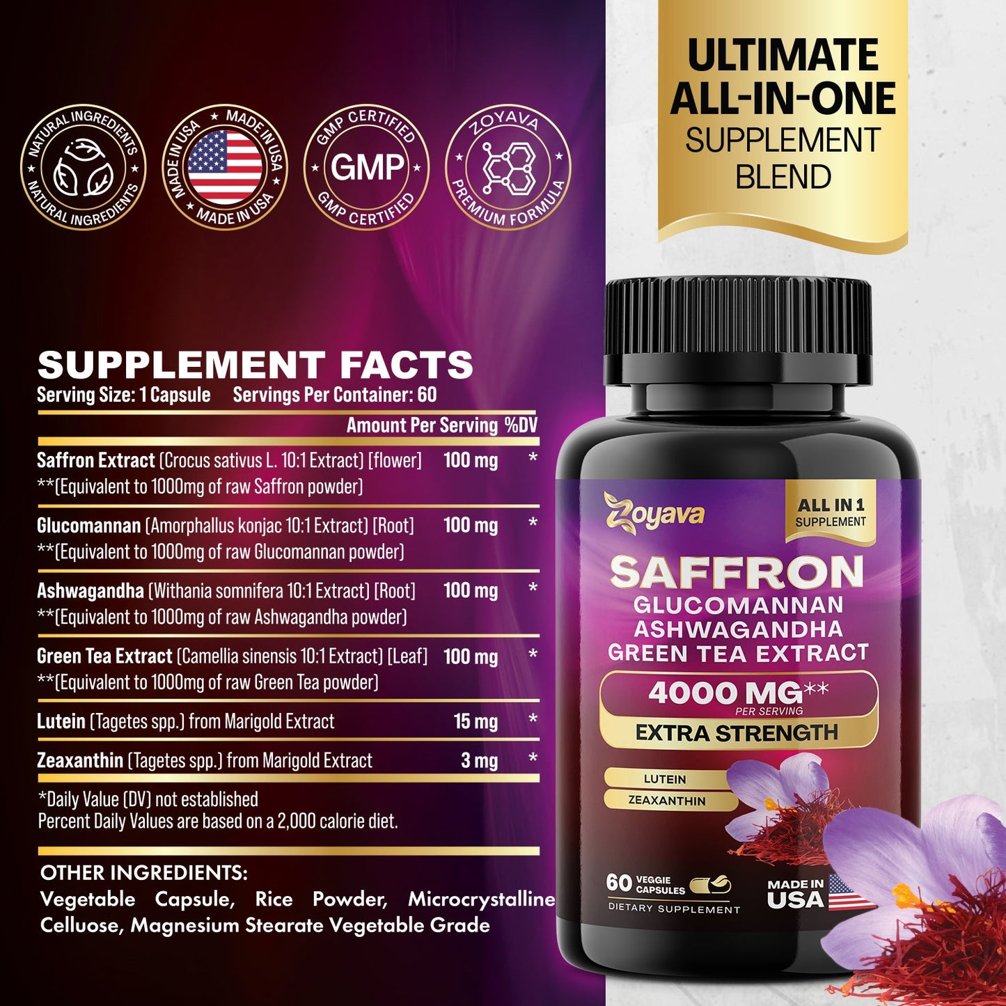 Zoyava™ Ultimate Bundle: SightShield Lutein and Zeaxanthin Supplements 8000 MG and Saffron ZestyZen Blend - 4,000MG