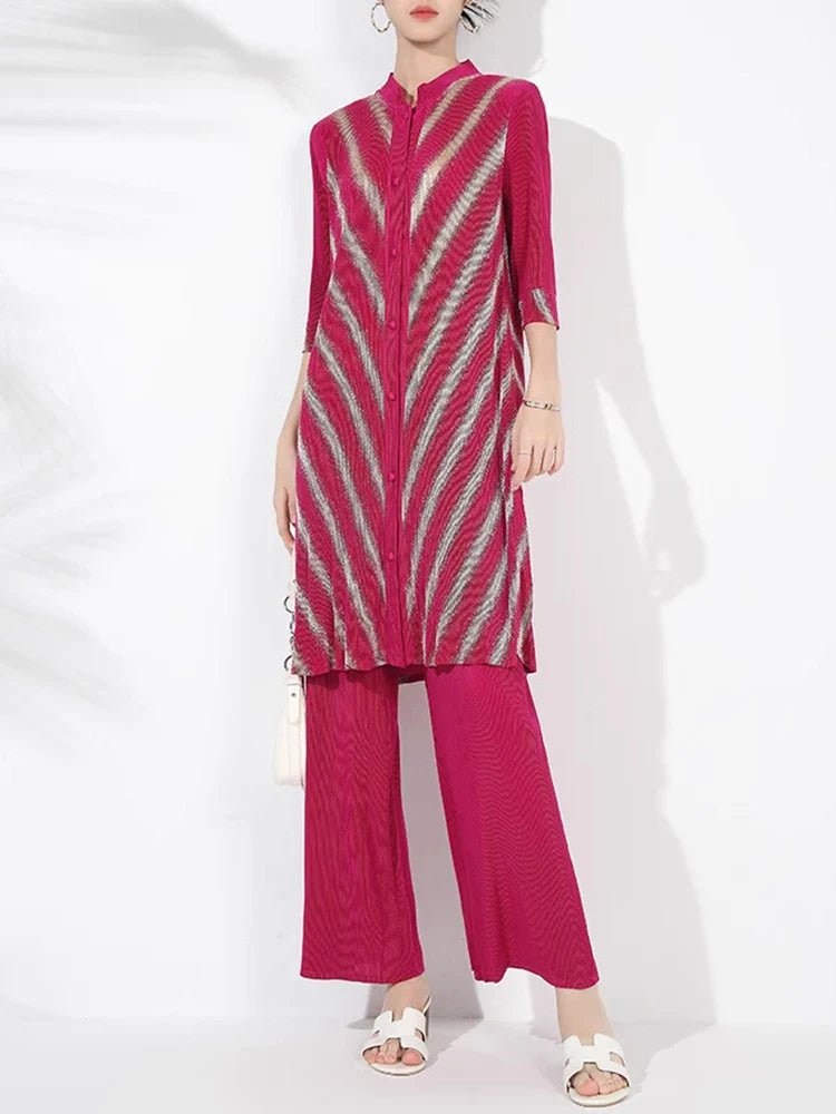 Petite Plissé Pleated 3/4 Sleeve 2-Piece Pant Set