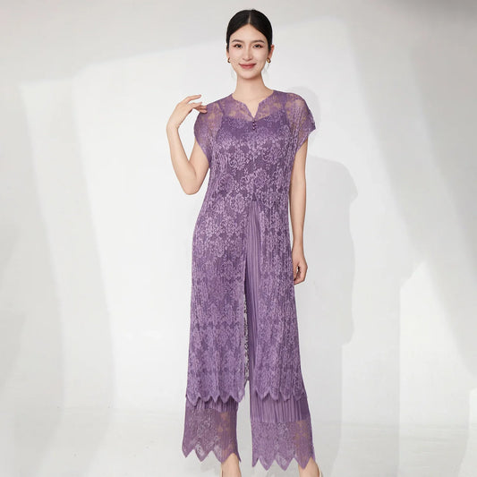 Lace Pleated Pant Suit 2-Piece Set