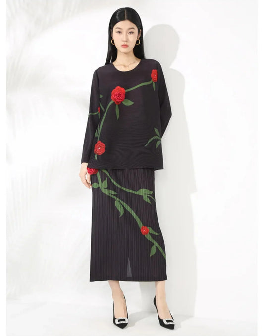 Luxe Feminine Rose Top & Pleated Skirt Set