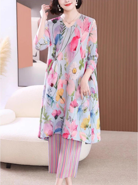 Luxury Floral Pleated Tunic & Striped Wide-Leg Pants Set