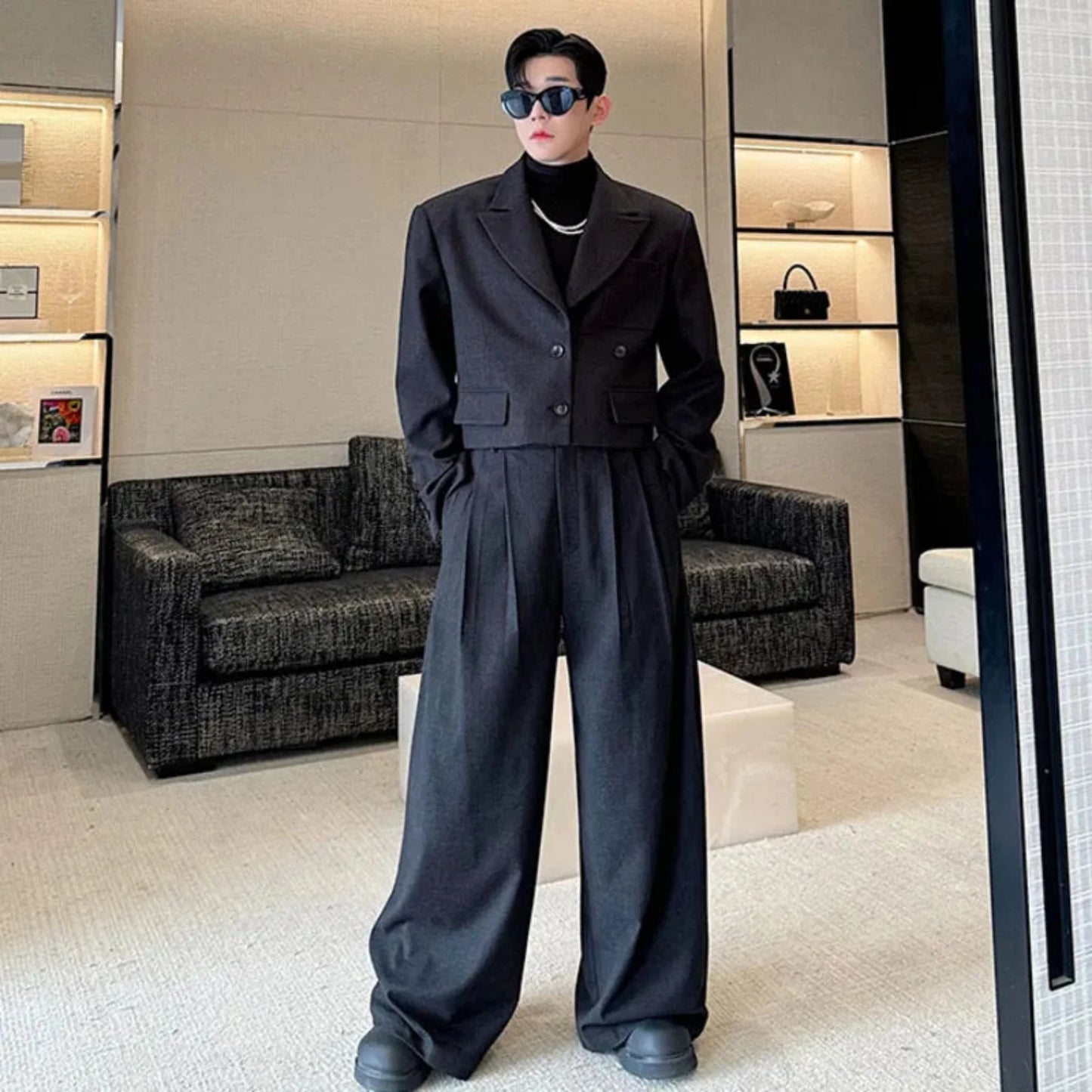 Luxury Men's Cropped Blazer & Wide Leg Suit