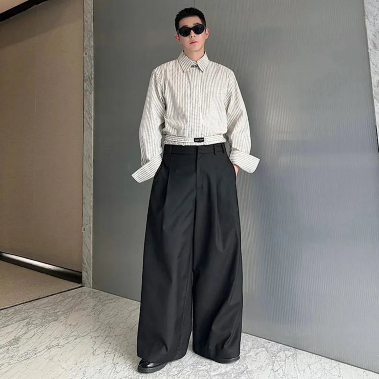 Luxury Men's Streetwear Striped Shirt & Wide-Leg Trousers