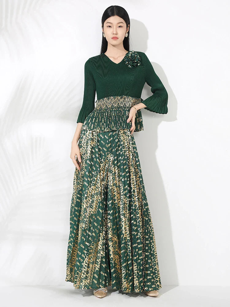 Luxury Two-Piece Pleated Wide-Leg Palazzo Pants & Top