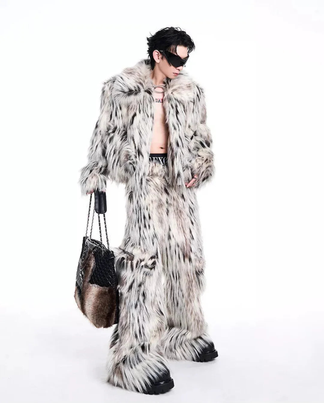 Men's 2 Piece Faux Fur Jacket and Cargo Pants Set