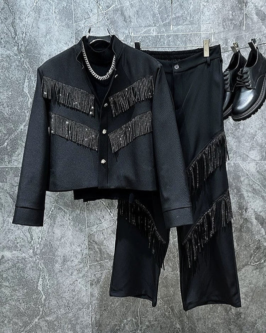 Men's Black Rhinestone Tassel Suit