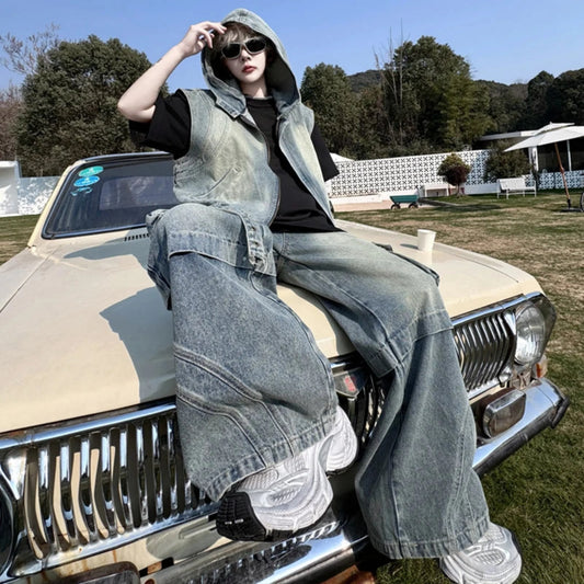 Men's Denim Hooded Vest & Wide-Leg Cargo Pants