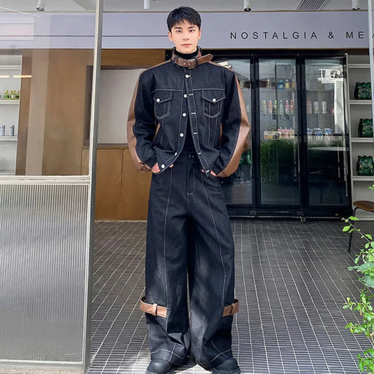 Men's Dark Denim Brown Leather 2-Piece Set