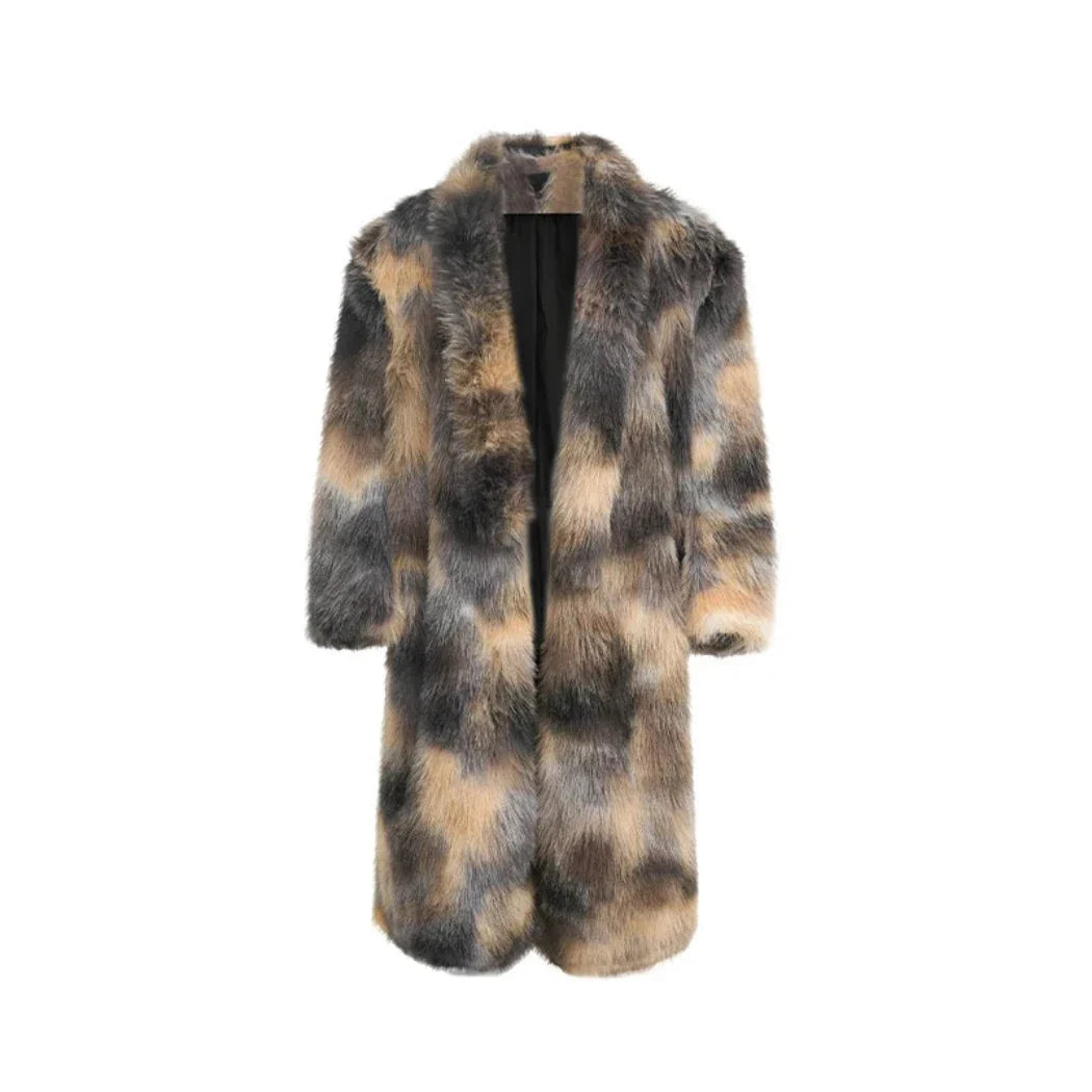 Men's Extra Long Faux Mink Coat with Scarf