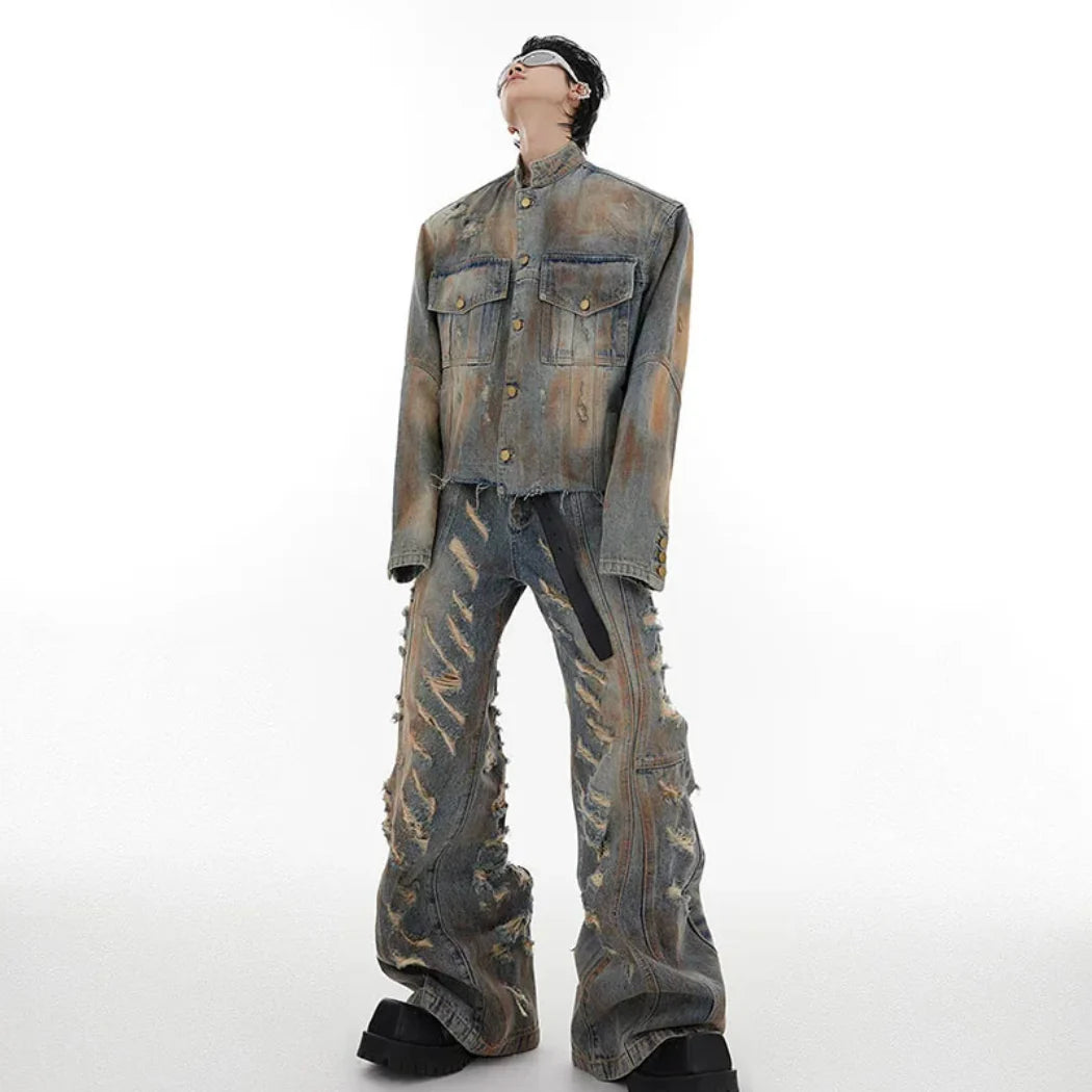 Men's Luxury Denim 2-Piece Set: Distressed Wide Leg