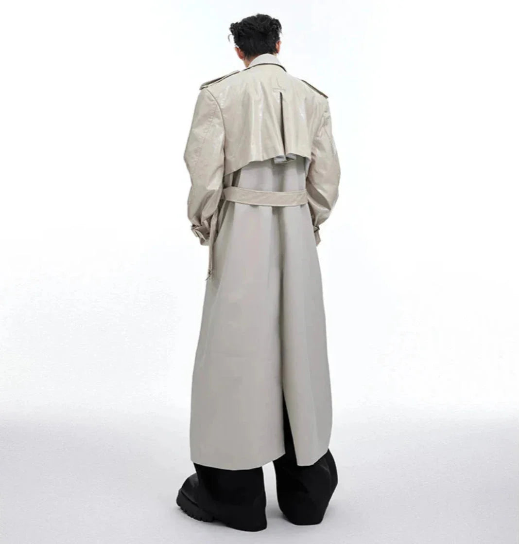 Men's Oversized Faux Leather Belted Trench Coat