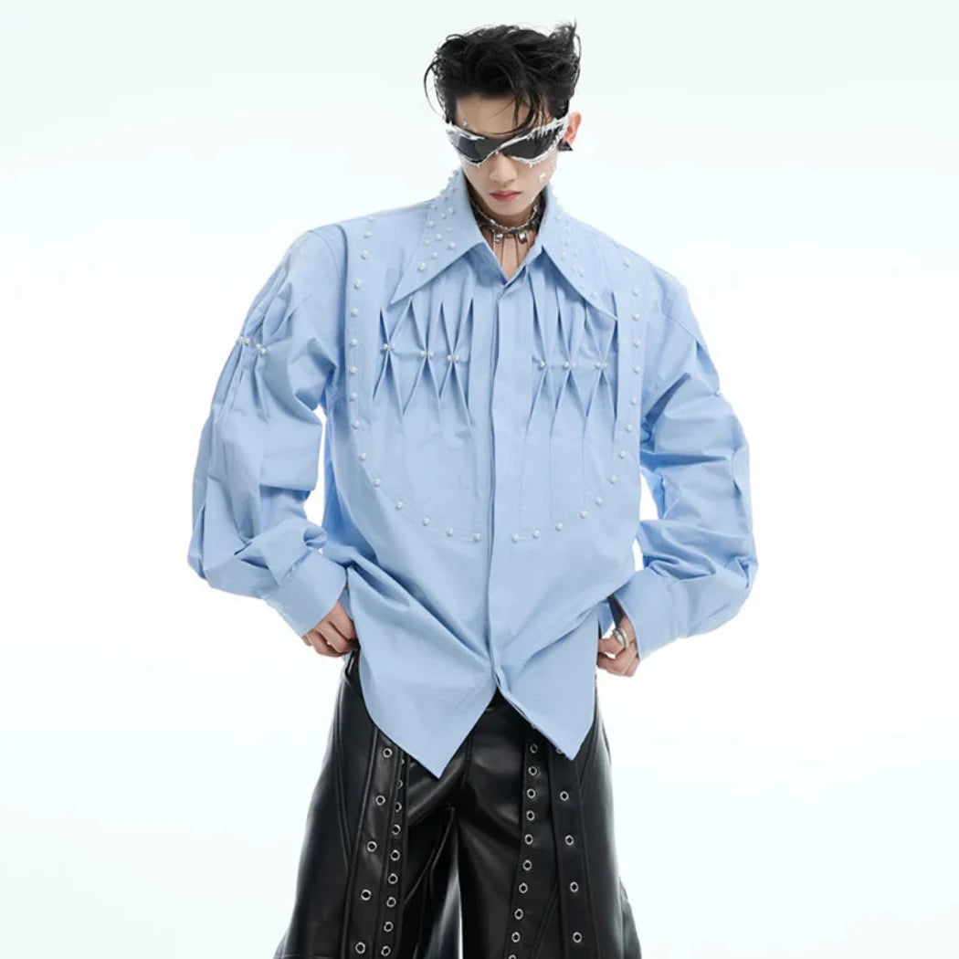 Men's Pearl Pleated Oversized Shirt | Luxe Streetwear