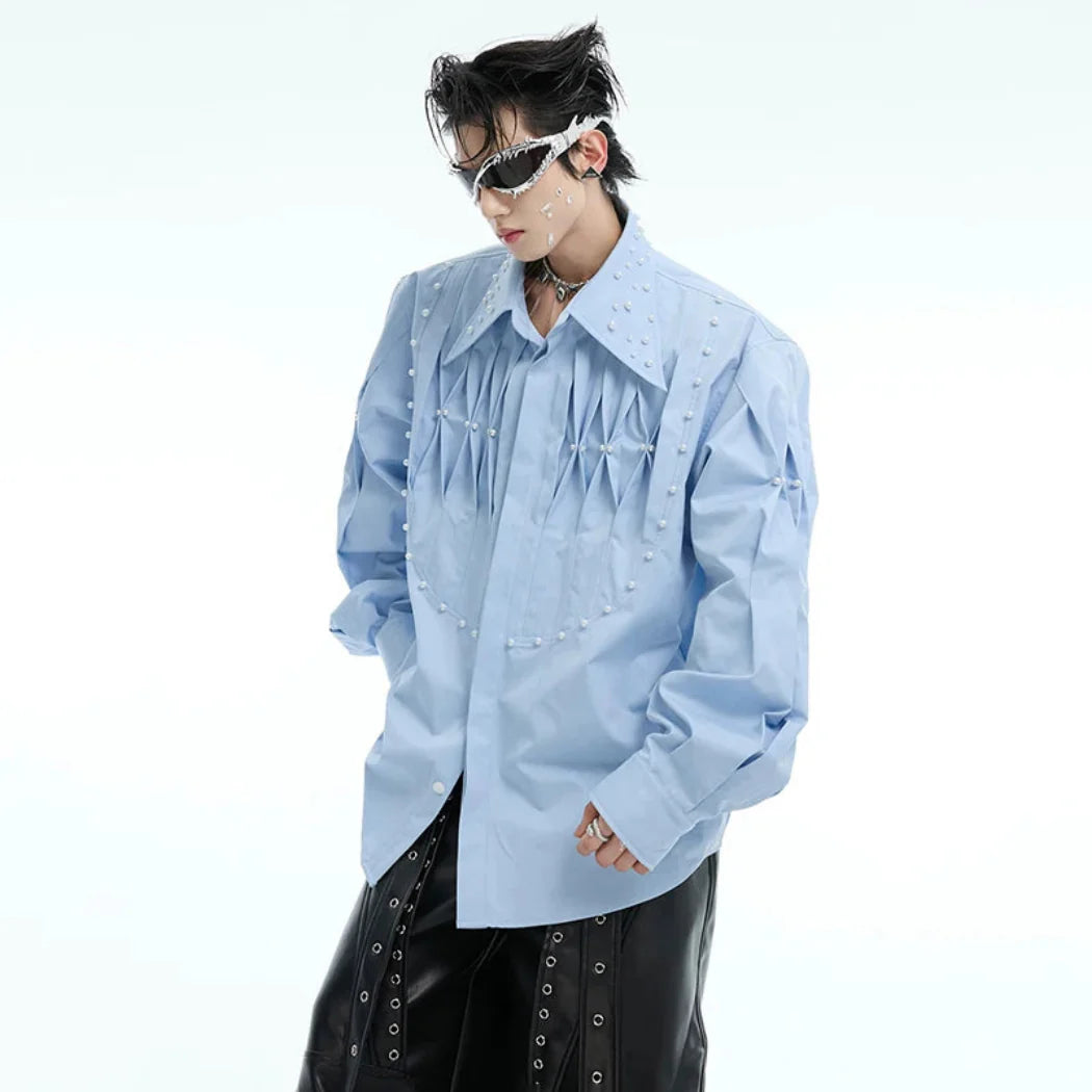 Men's Pearl Pleated Oversized Shirt | Luxe Streetwear