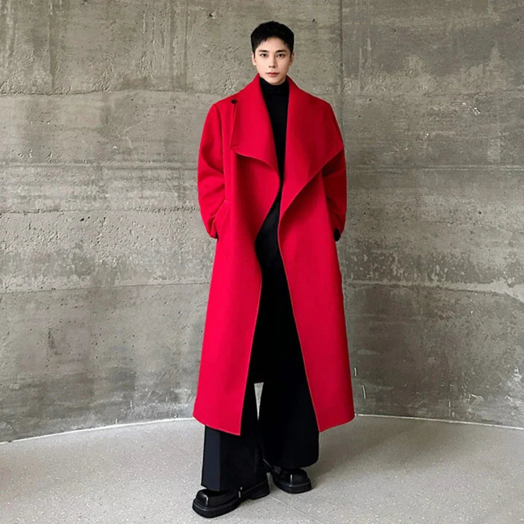 Men's Classic Long Red Woolen Coat