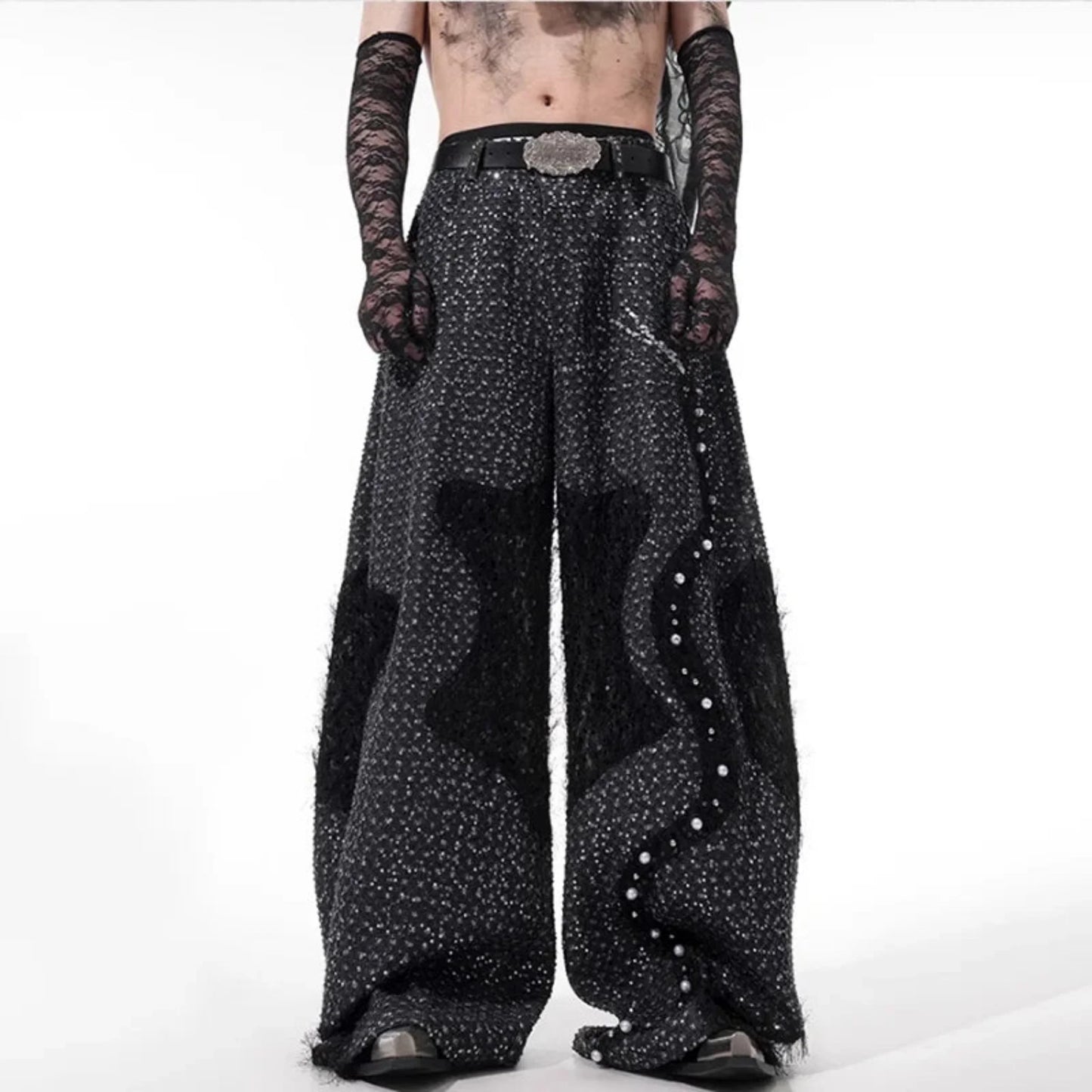 Men's Wool Blend Wide-Leg Beaded Trousers