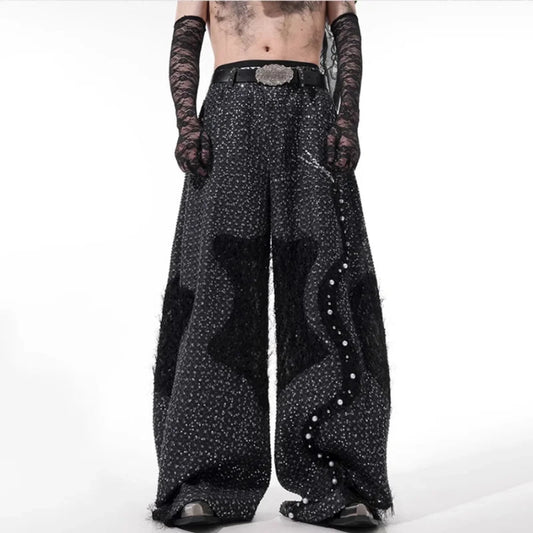 Men's Wool Blend Wide-Leg Beaded Trousers