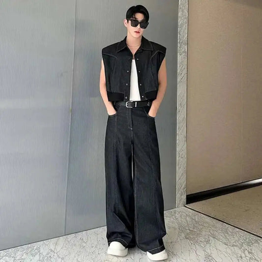 Men's Éclat Dark Denim Crop Vest & Baggy Jeans Set